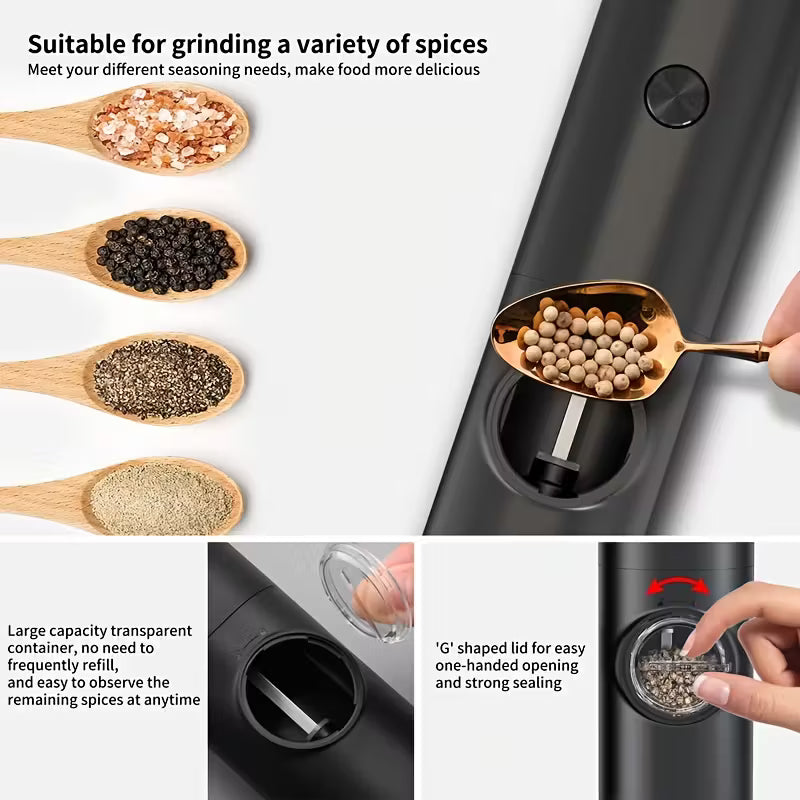 Electric Salt Pepper Grinder Battery Powered, Convenient Batteries Not Included Dual Compartment Design with Base, Practical White LED Light, Coarse and Fine Adjustment - Black