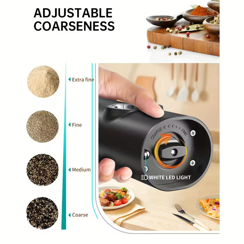 Electric Salt Pepper Grinder Battery Powered, Convenient Batteries Not Included Dual Compartment Design with Base, Practical White LED Light, Coarse and Fine Adjustment - Black