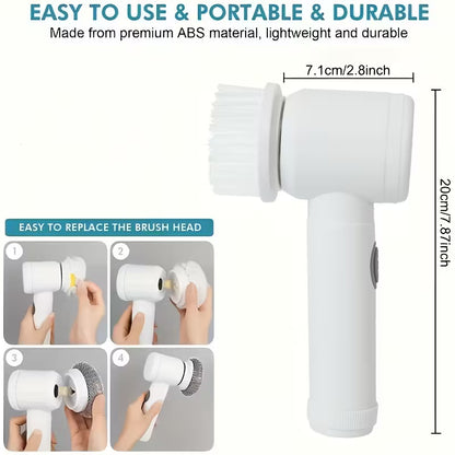 Cordless Electric Cleaning Brush with 5 Heads – USB Rechargeable Scrubber for Bathroom, Kitchen & Floors