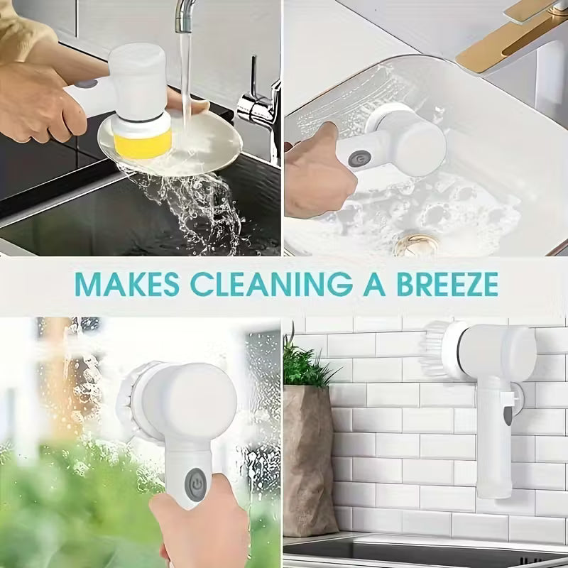 Cordless Electric Cleaning Brush with 5 Heads – USB Rechargeable Scrubber for Bathroom, Kitchen & Floors