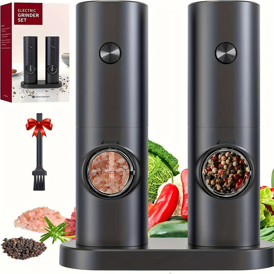 Electric Salt Pepper Grinder Battery Powered, Convenient Batteries Not Included Dual Compartment Design with Base, Practical White LED Light, Coarse and Fine Adjustment - Black