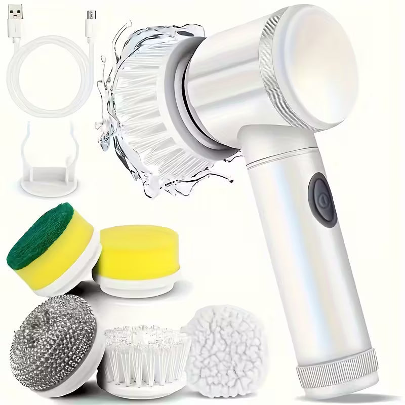 Cordless Electric Cleaning Brush with 5 Heads – USB Rechargeable Scrubber for Bathroom, Kitchen & Floors