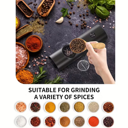 Electric Salt Pepper Grinder Battery Powered, Convenient Batteries Not Included Dual Compartment Design with Base, Practical White LED Light, Coarse and Fine Adjustment - Black