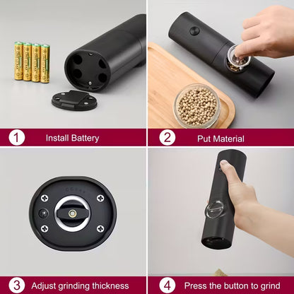 Electric Salt Pepper Grinder Battery Powered, Convenient Batteries Not Included Dual Compartment Design with Base, Practical White LED Light, Coarse and Fine Adjustment - Black