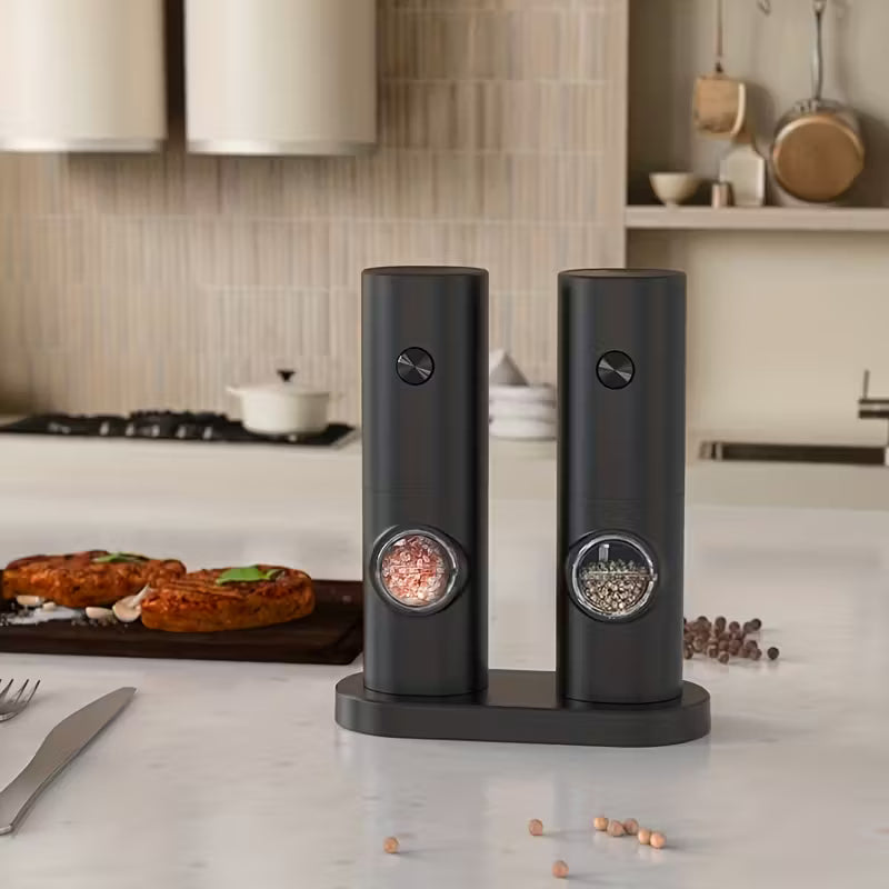 Electric Salt Pepper Grinder Battery Powered, Convenient Batteries Not Included Dual Compartment Design with Base, Practical White LED Light, Coarse and Fine Adjustment - Black