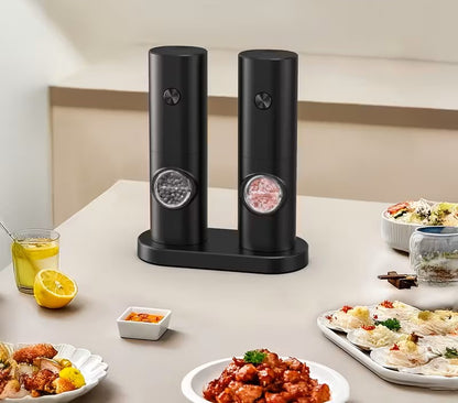 Electric Salt Pepper Grinder Battery Powered, Convenient Batteries Not Included Dual Compartment Design with Base, Practical White LED Light, Coarse and Fine Adjustment - Black