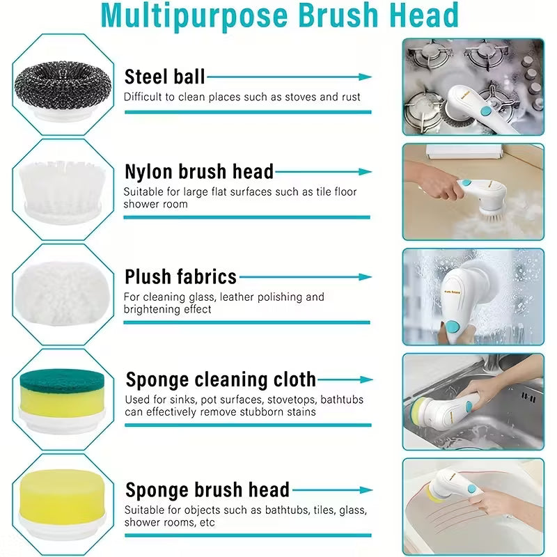 Cordless Electric Cleaning Brush – 5 Interchangeable Heads, USB Rechargeable Handheld Scrubber for Bathroom, Kitchen, Floors & Tiles – 800mAh Battery, Medium Firmness
