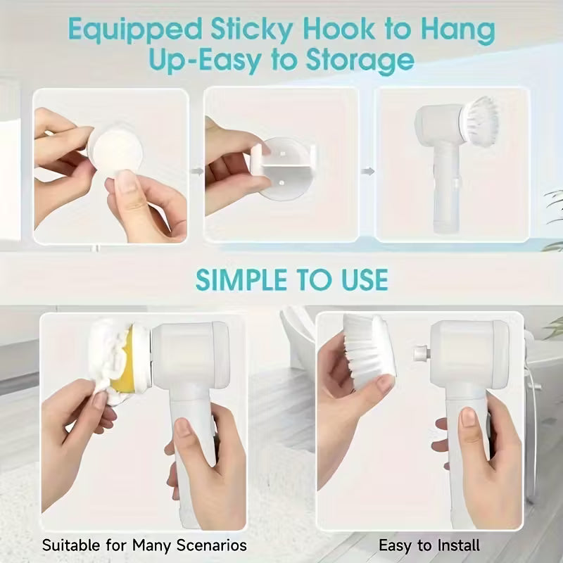 Cordless Electric Cleaning Brush with 5 Heads – USB Rechargeable Scrubber for Bathroom, Kitchen & Floors