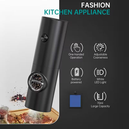 Electric Salt Pepper Grinder Battery Powered, Convenient Batteries Not Included Dual Compartment Design with Base, Practical White LED Light, Coarse and Fine Adjustment - Black