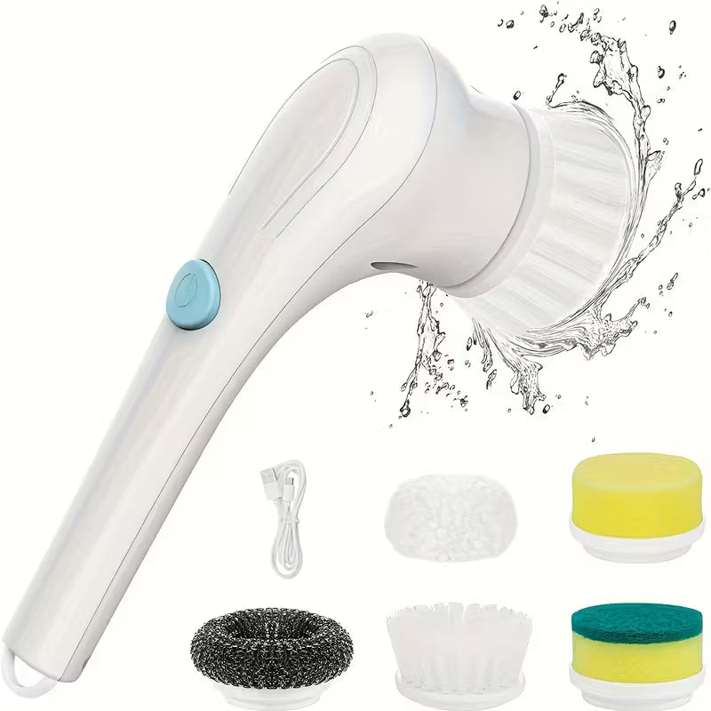 Cordless Electric Cleaning Brush – 5 Interchangeable Heads, USB Rechargeable Handheld Scrubber for Bathroom, Kitchen, Floors & Tiles – 800mAh Battery, Medium Firmness