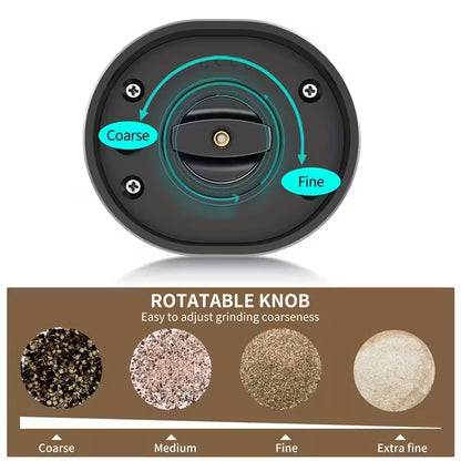 Electric Salt Pepper Grinder Battery Powered, Convenient Batteries Not Included Dual Compartment Design with Base, Practical White LED Light, Coarse and Fine Adjustment - Black