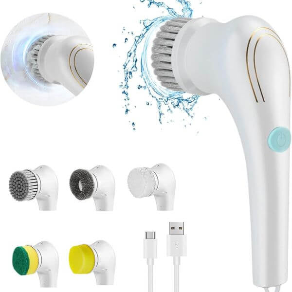 Cordless Electric Cleaning Brush – 5 Interchangeable Heads, USB Rechargeable Handheld Scrubber for Bathroom, Kitchen, Floors & Tiles – 800mAh Battery, Medium Firmness