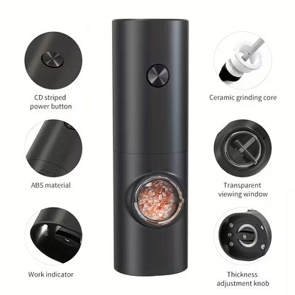 Electric Salt Pepper Grinder Battery Powered, Convenient Batteries Not Included Dual Compartment Design with Base, Practical White LED Light, Coarse and Fine Adjustment - Black