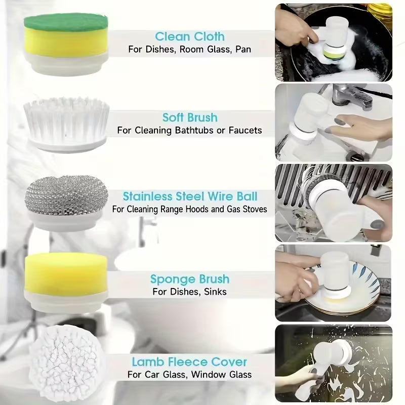 Cordless Electric Cleaning Brush with 5 Heads – USB Rechargeable Scrubber for Bathroom, Kitchen & Floors