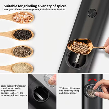 Electric Salt Pepper Grinder Battery Powered, Convenient Batteries Not Included Dual Compartment Design with Base, Practical White LED Light, Coarse and Fine Adjustment - Black