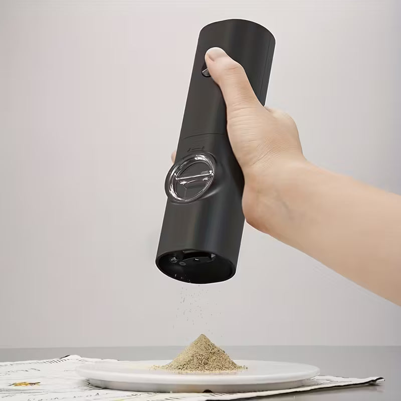 Electric Salt Pepper Grinder Battery Powered, Convenient Batteries Not Included Dual Compartment Design with Base, Practical White LED Light, Coarse and Fine Adjustment - Black