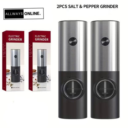 Electric Salt Pepper Grinder Battery Powered, Convenient Batteries Not Included Dual Compartment Design with Base, Practical White LED Light, Coarse and Fine Adjustment - Black