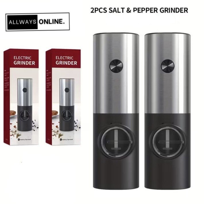 Electric Salt Pepper Grinder Battery Powered, Convenient Batteries Not Included Dual Compartment Design with Base, Practical White LED Light, Coarse and Fine Adjustment - Black